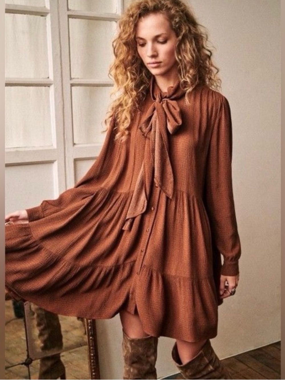 Sezane Paris size 40 brown boho Selena dress long sleeve size Medium 8